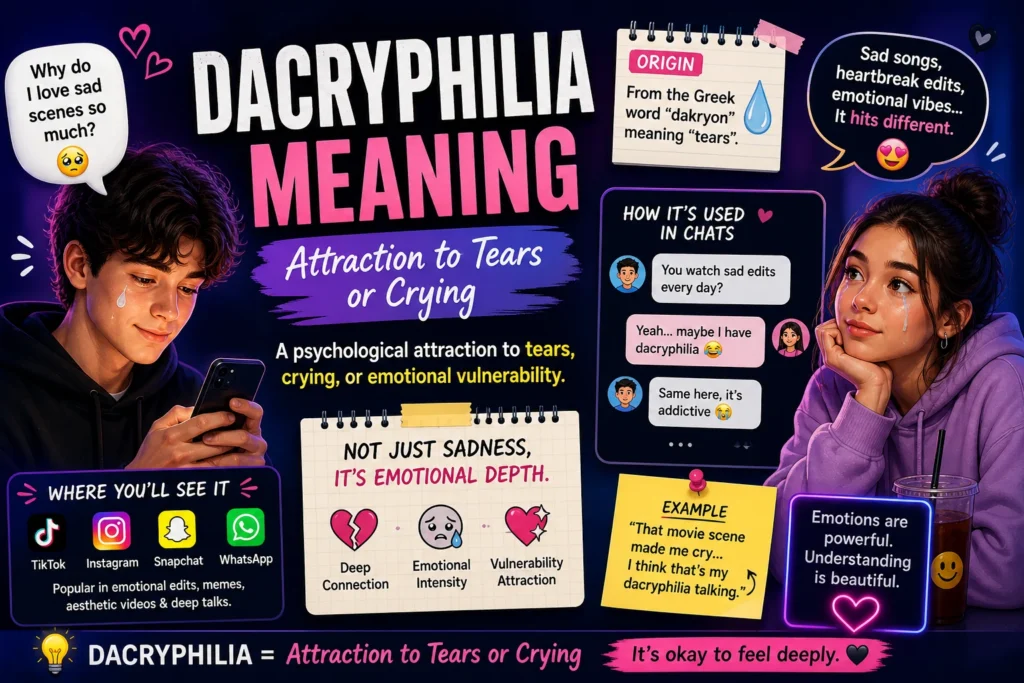 Gen Z-style infographic showing “Dacryphilia Meaning – attraction to tears or crying,” with emotional chat examples and expressive characters displaying deep feelings.