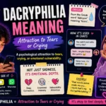 Gen Z-style infographic showing “Dacryphilia Meaning – attraction to tears or crying,” with emotional chat examples and expressive characters displaying deep feelings.