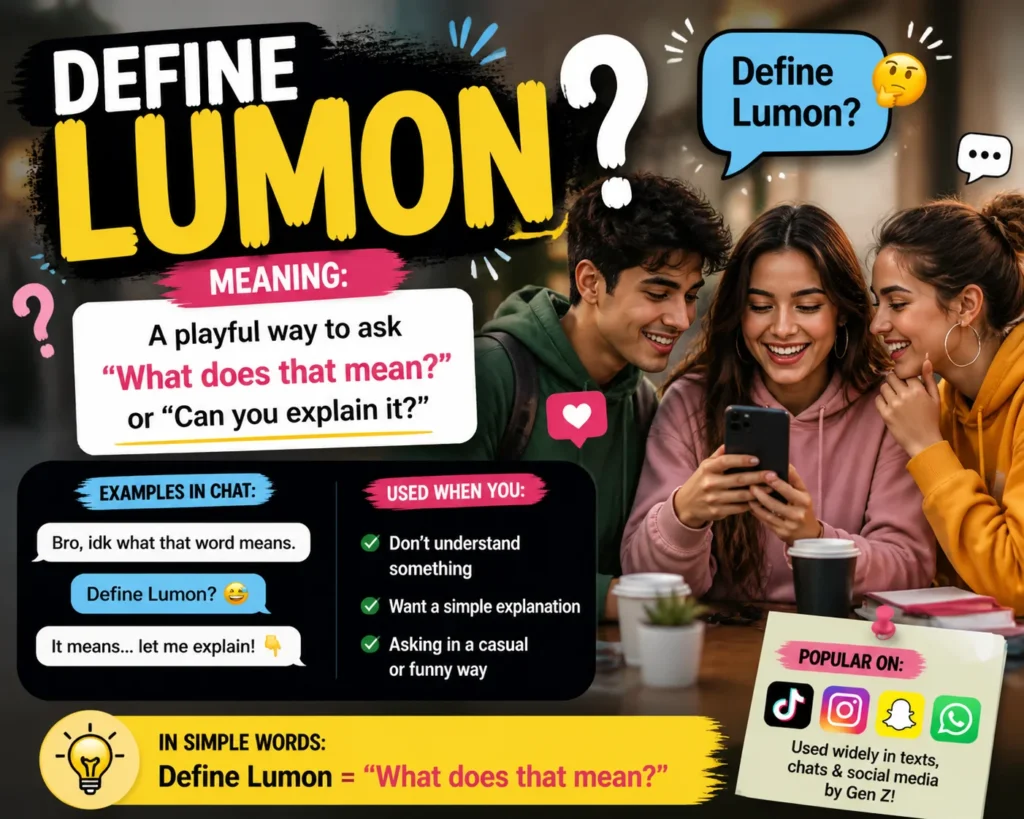 A vibrant and colorful infographic explaining the slang term "define lumon" with examples, showing three Gen Z friends chatting and using smartphones. It includes speech bubbles, bright text, and playful icons to illustrate its meaning and usage in casual conversations.