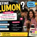 A vibrant and colorful infographic explaining the slang term "define lumon" with examples, showing three Gen Z friends chatting and using smartphones. It includes speech bubbles, bright text, and playful icons to illustrate its meaning and usage in casual conversations.