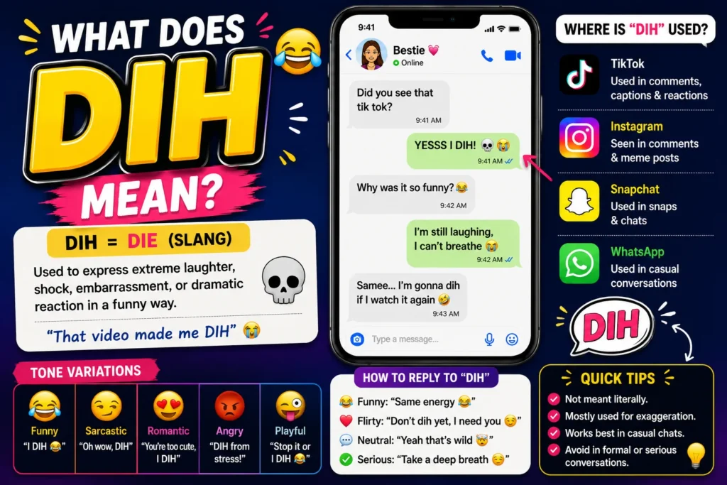 Bright infographic-style featured image explaining the slang term “DIH” in text messages and social media chats, featuring a smartphone conversation, emojis, TikTok, Instagram, Snapchat, and WhatsApp icons, plus examples of funny and playful slang usage.