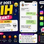 Bright infographic-style featured image explaining the slang term “DIH” in text messages and social media chats, featuring a smartphone conversation, emojis, TikTok, Instagram, Snapchat, and WhatsApp icons, plus examples of funny and playful slang usage.