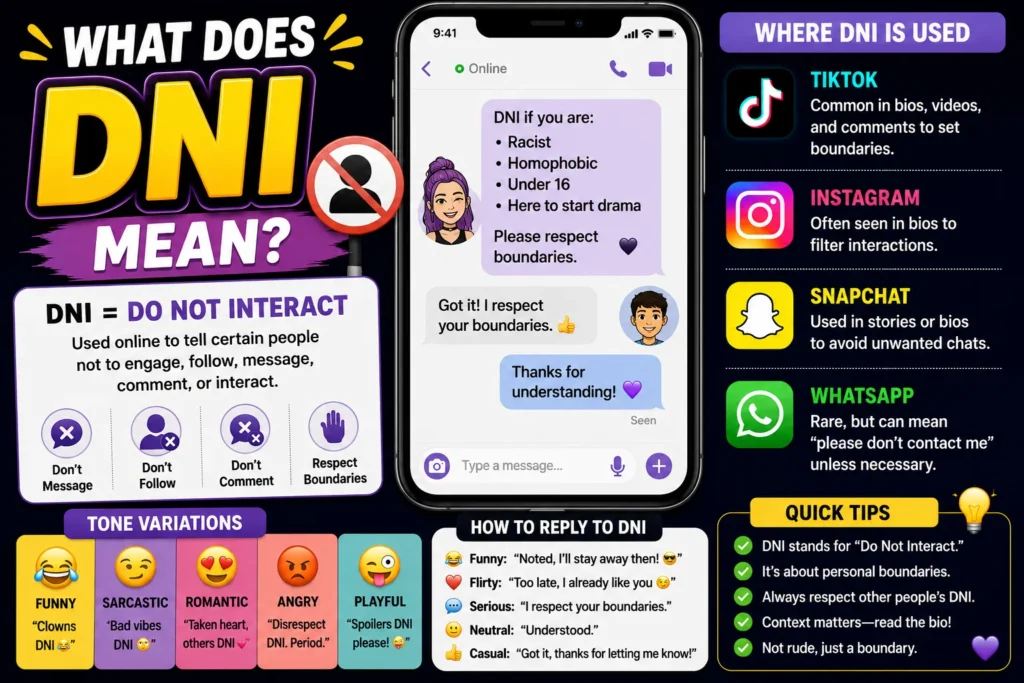 Colorful featured image explaining the meaning of “DNI” (Do Not Interact) in online slang, featuring a smartphone chat conversation, social media platform icons (TikTok, Instagram, Snapchat, WhatsApp), boundary and privacy symbols, and simple visual examples showing how DNI is used to set interaction limits on social media and online communities.
