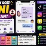 Colorful featured image explaining the meaning of “DNI” (Do Not Interact) in online slang, featuring a smartphone chat conversation, social media platform icons (TikTok, Instagram, Snapchat, WhatsApp), boundary and privacy symbols, and simple visual examples showing how DNI is used to set interaction limits on social media and online communities.