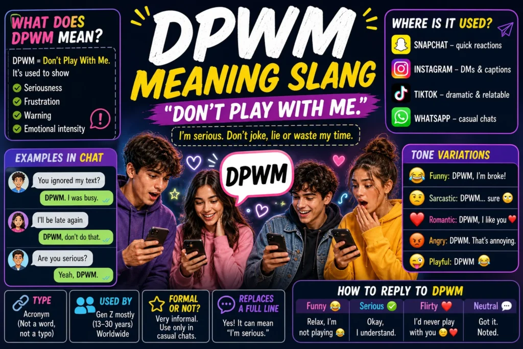 DPWM slang meaning infographic with Gen Z teens using smartphones, showing “Don’t Play With Me” definition, chat examples, tone variations, and social media usage icons.