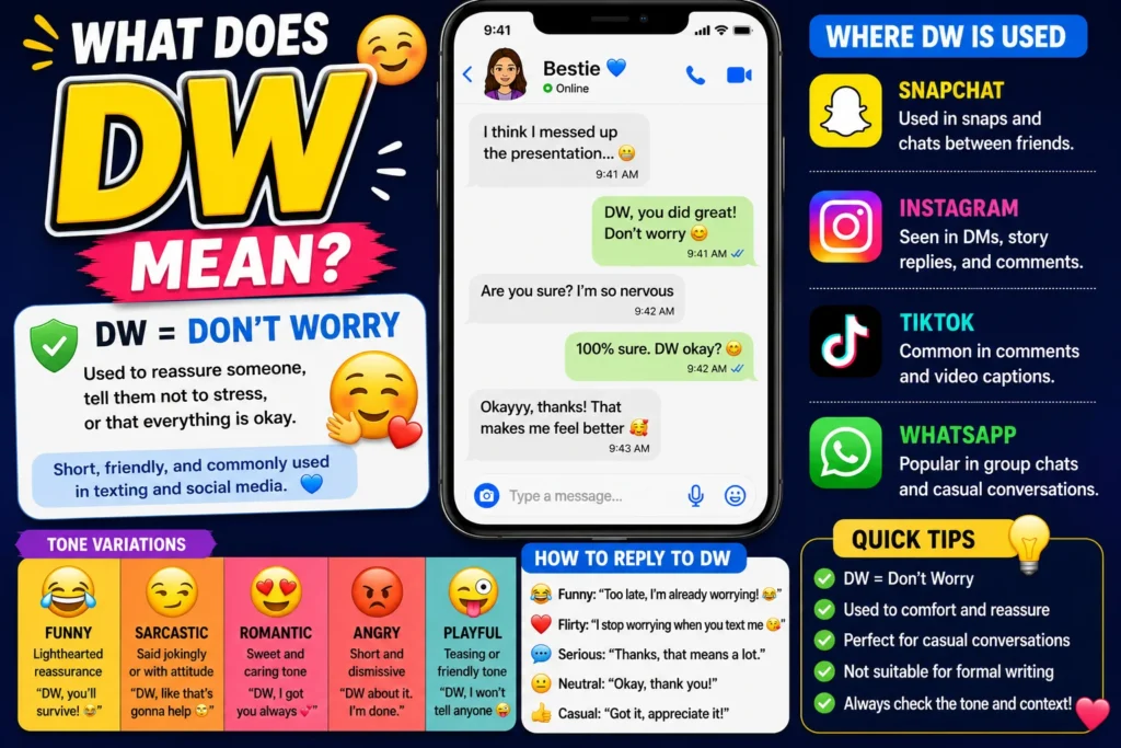 Illustration explaining the slang abbreviation “DW” (Don’t Worry) in text messaging, featuring a smartphone chat screen with friendly message bubbles, a relaxed smiling character, and clean modern typography. Designed as a simple visual guide to the meaning of DW in online conversations, social media, and texting.