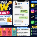 Illustration explaining the slang abbreviation “DW” (Don’t Worry) in text messaging, featuring a smartphone chat screen with friendly message bubbles, a relaxed smiling character, and clean modern typography. Designed as a simple visual guide to the meaning of DW in online conversations, social media, and texting.