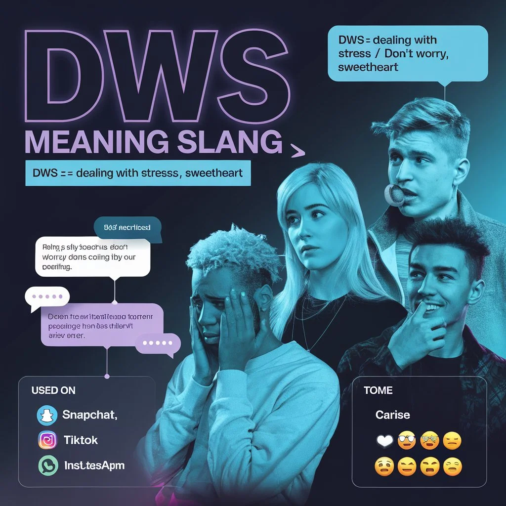 DWS meaning slang infographic with Gen Z texting, showing “Dealing With Stress” and “Don’t Worry Sweetheart” meanings in chat conversations.