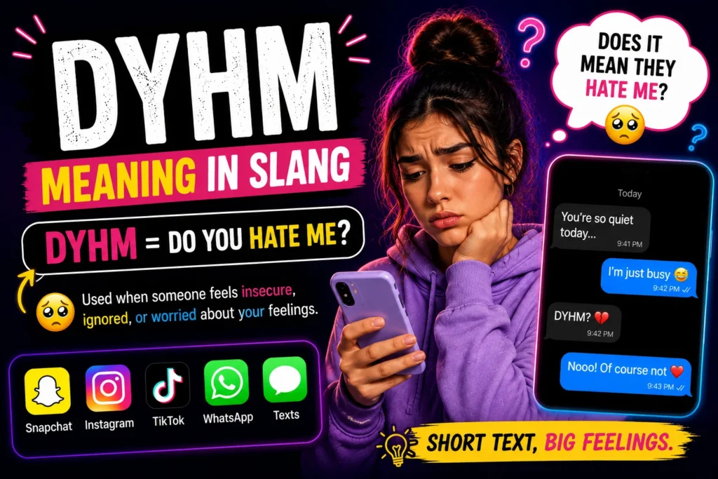 Worried young woman looking at her phone beside bold “DYHM Meaning in Slang” text with chat bubbles explaining “Do You Hate Me?” in texting and social media conversations.