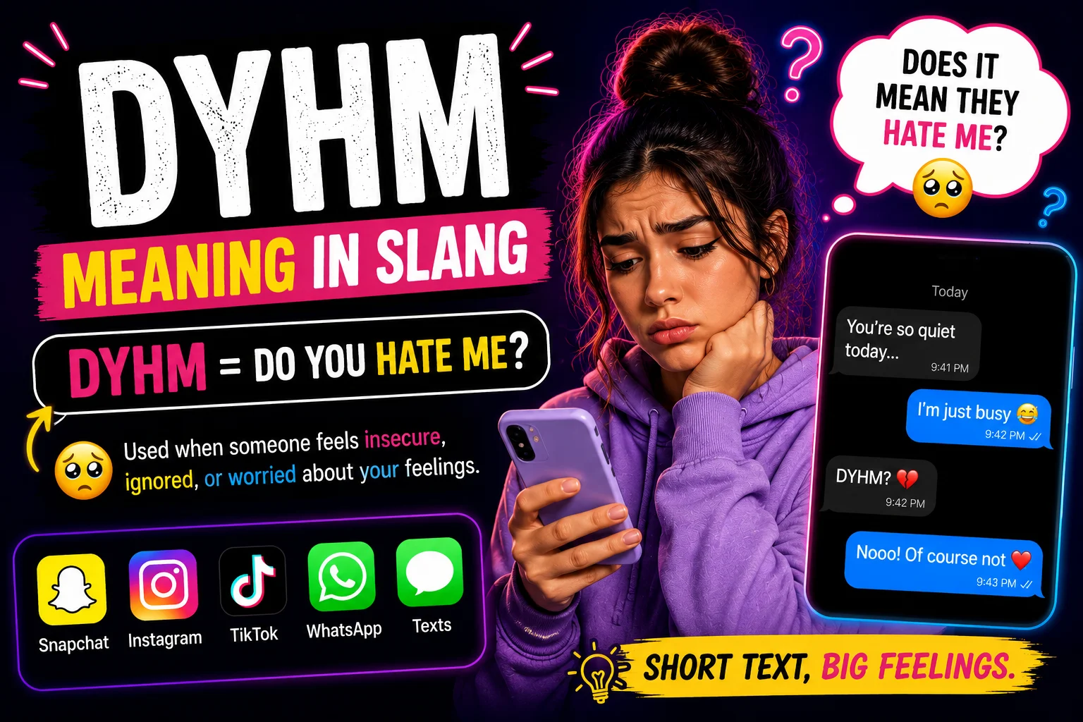 Worried young woman looking at her phone beside bold “DYHM Meaning in Slang” text with chat bubbles explaining “Do You Hate Me?” in texting and social media conversations.