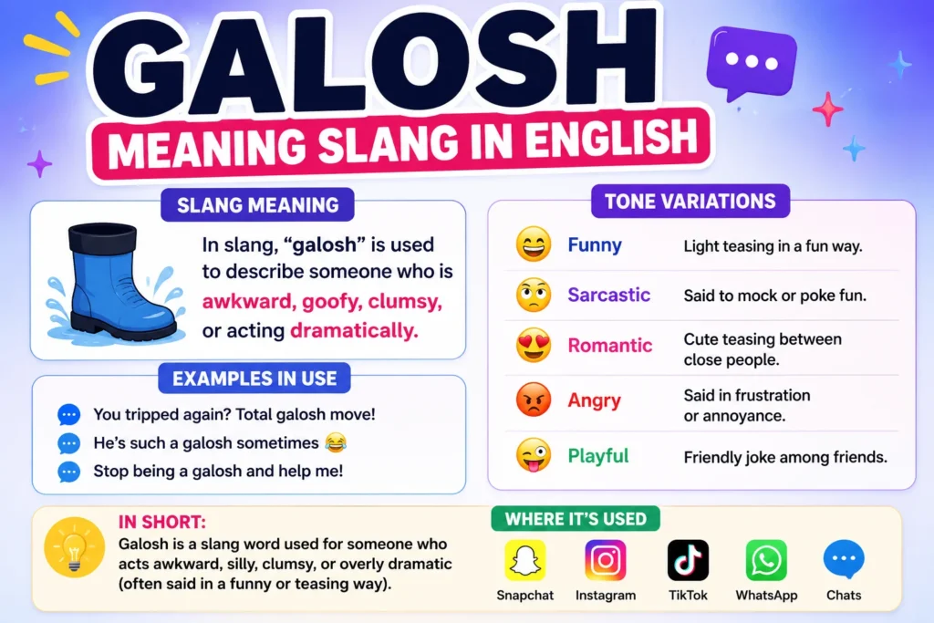 Colorful featured image explaining the slang meaning of “galosh” in English with simple definitions, tone variations, playful expressions, and social media usage icons in a clean and modern layout.