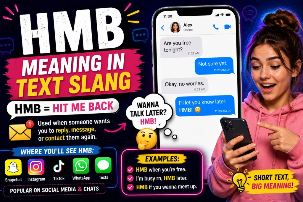 Colorful featured image showing “HMB Meaning in Text Slang” with a smartphone chat screen, a smiling young woman holding a phone, and the phrase “HMB = Hit Me Back” alongside social media icons for Snapchat, Instagram, TikTok, WhatsApp, and texting.