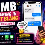 Colorful featured image showing “HMB Meaning in Text Slang” with a smartphone chat screen, a smiling young woman holding a phone, and the phrase “HMB = Hit Me Back” alongside social media icons for Snapchat, Instagram, TikTok, WhatsApp, and texting.
