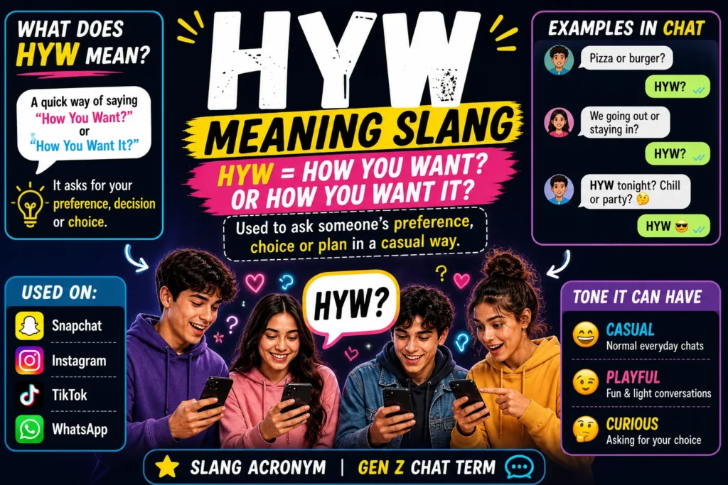 HYW meaning slang infographic showing “How You Want” definition, chat examples, and Gen Z texting characters using smartphones in casual conversation