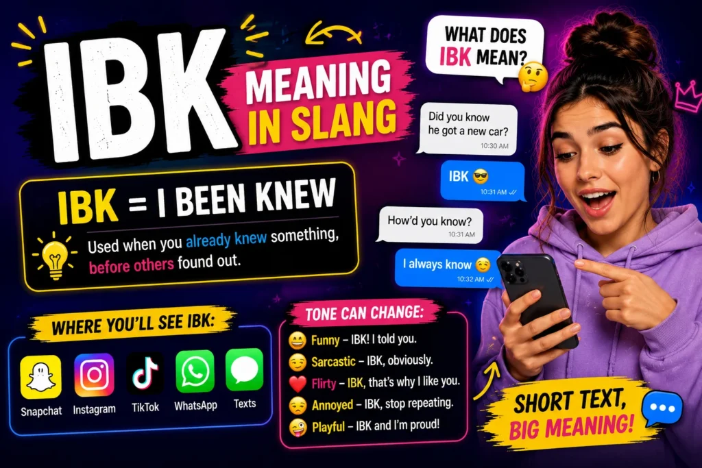 Bright colorful featured image explaining “IBK Meaning in Slang” with a surprised young woman holding a phone, chat bubbles showing texting examples, and the slang meaning “IBK = I Been Knew” alongside Snapchat, Instagram, TikTok, WhatsApp, and texting icons.