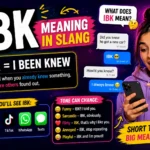 Bright colorful featured image explaining “IBK Meaning in Slang” with a surprised young woman holding a phone, chat bubbles showing texting examples, and the slang meaning “IBK = I Been Knew” alongside Snapchat, Instagram, TikTok, WhatsApp, and texting icons.