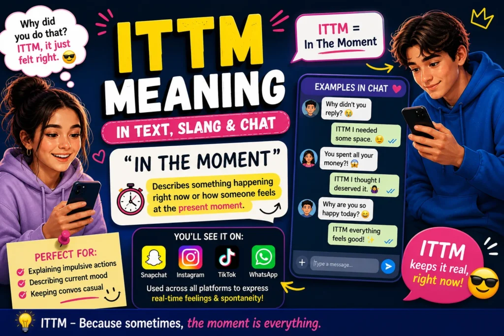 ITTM meaning infographic with Gen Z characters texting, showing “In The Moment” definition and chat examples on social media platforms