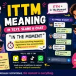 ITTM meaning infographic with Gen Z characters texting, showing “In The Moment” definition and chat examples on social media platforms