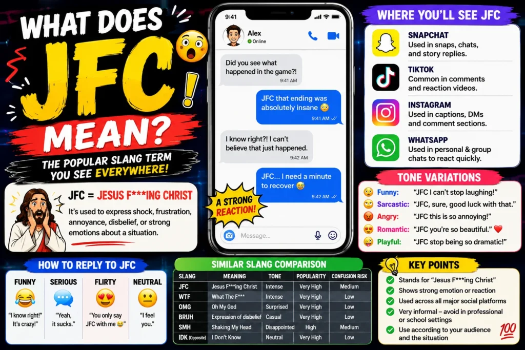 Colorful featured image explaining “JFC meaning” in slang, showing a smartphone text conversation, social media icons, tone variations, slang comparisons, and the meaning “Jesus F***ing Christ” used as a strong emotional reaction in texting and online chats.