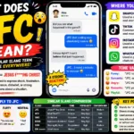 Colorful featured image explaining “JFC meaning” in slang, showing a smartphone text conversation, social media icons, tone variations, slang comparisons, and the meaning “Jesus F***ing Christ” used as a strong emotional reaction in texting and online chats.