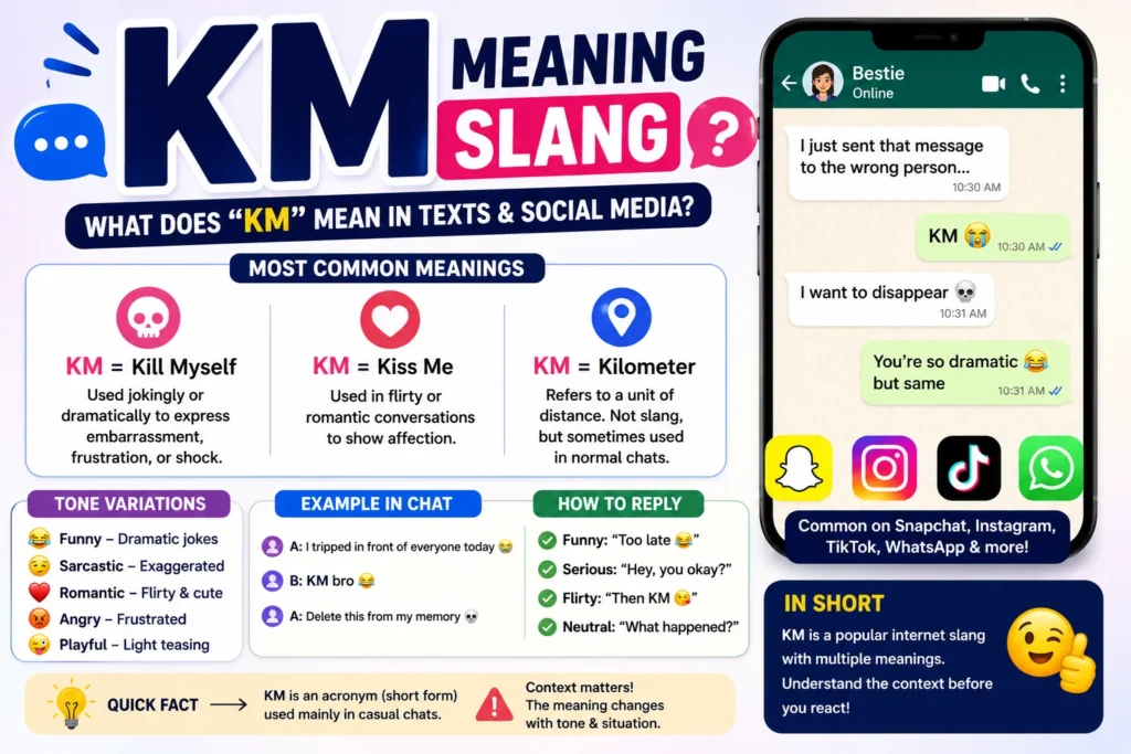 Infographic explaining the slang meaning of “KM” in texts and social media, showing multiple meanings like “Kill Myself,” “Kiss Me,” and “Kilometer” with chat examples, emojis, and social media icons for Snapchat, TikTok, Instagram, and WhatsApp.