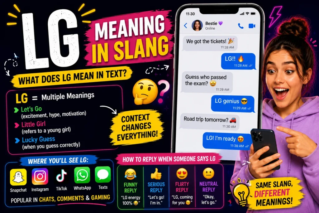 Minimal featured image for “LG Meaning in Slang” showing the acronym “LG” in bold text with simple chat-style visuals, emojis, and modern texting expressions representing slang meanings used on Snapchat, TikTok, Instagram, and WhatsApp.