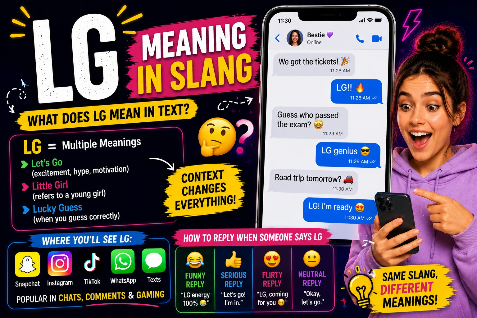 Minimal featured image for “LG Meaning in Slang” showing the acronym “LG” in bold text with simple chat-style visuals, emojis, and modern texting expressions representing slang meanings used on Snapchat, TikTok, Instagram, and WhatsApp.