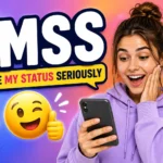 Young woman reacting excitedly to her phone beside the text “LMSS – Like My Status Seriously” with social media emojis and colorful background representing internet slang and online engagement.