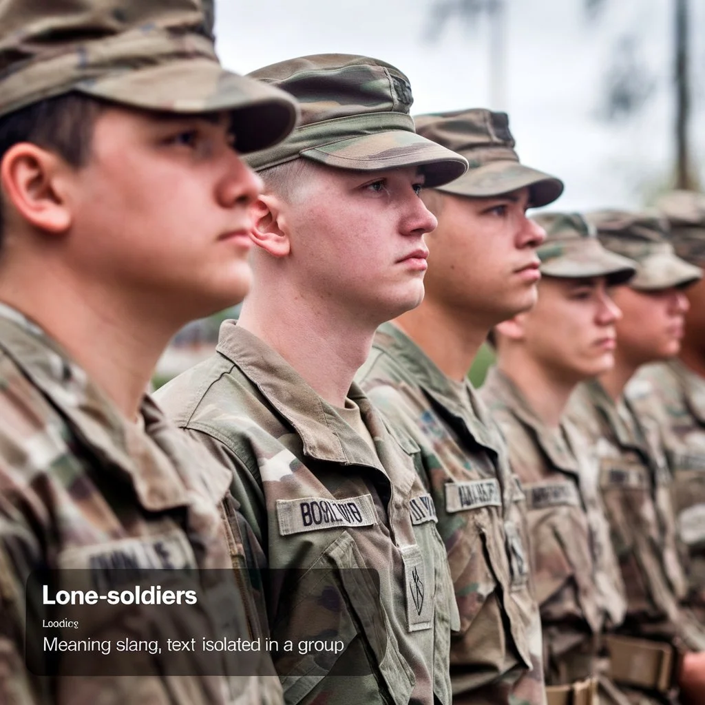 Group of soldiers standing in formation with text “Lone-soldiers meaning slang,” representing someone who feels isolated or alone within a group