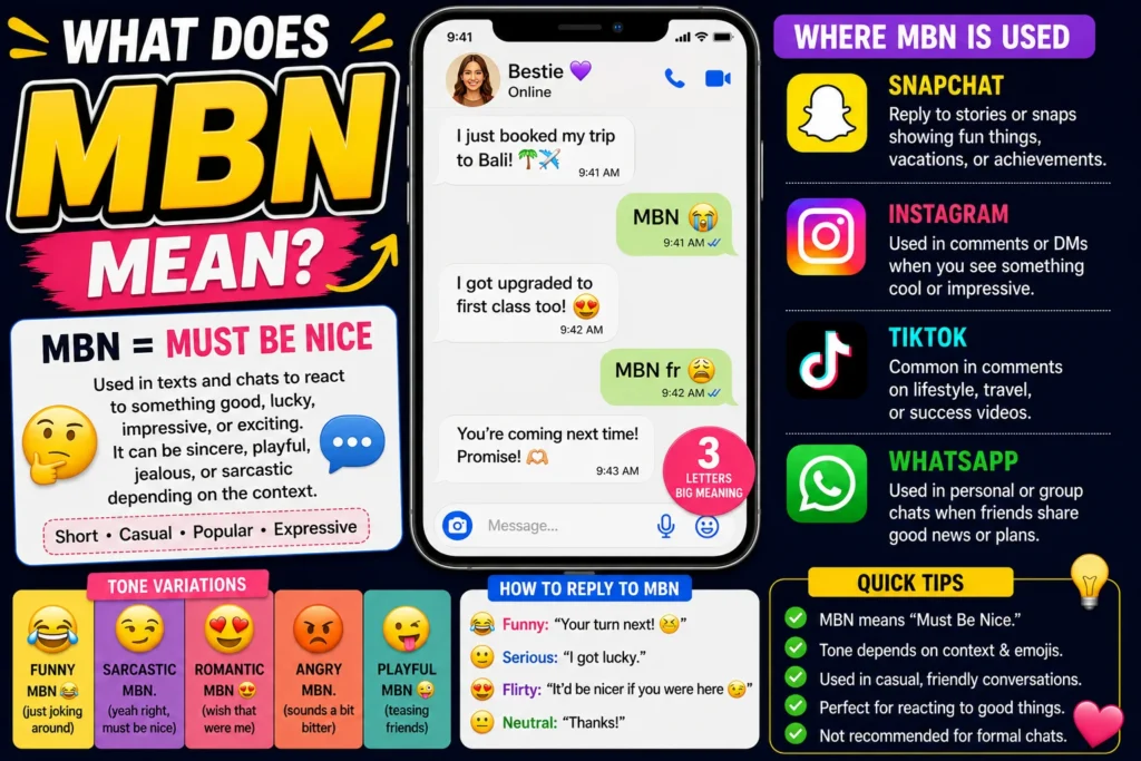 Colorful featured image explaining MBN meaning (“Must Be Nice”) in texting and social media. The graphic shows a smartphone chat conversation using MBN, platform icons for Snapchat, Instagram, TikTok, and WhatsApp, tone variations such as funny, sarcastic, romantic, angry, and playful, plus quick tips on how MBN is used in online conversations.