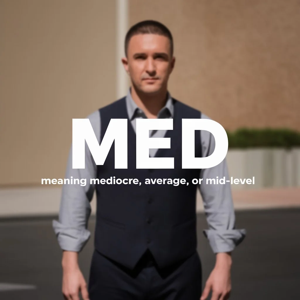“A man standing outdoors with large white text ‘MED’ over the image and smaller text below reading ‘meaning mediocre, average, or mid-level.’”