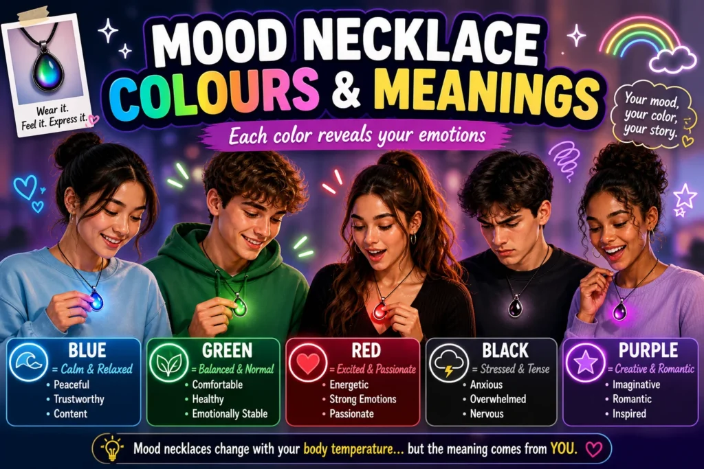 Mood necklace colors chart with meanings, showing Gen Z characters reacting to different emotions like happy, calm, stressed, and romantic through changing necklace colors