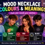 Mood necklace colors chart with meanings, showing Gen Z characters reacting to different emotions like happy, calm, stressed, and romantic through changing necklace colors
