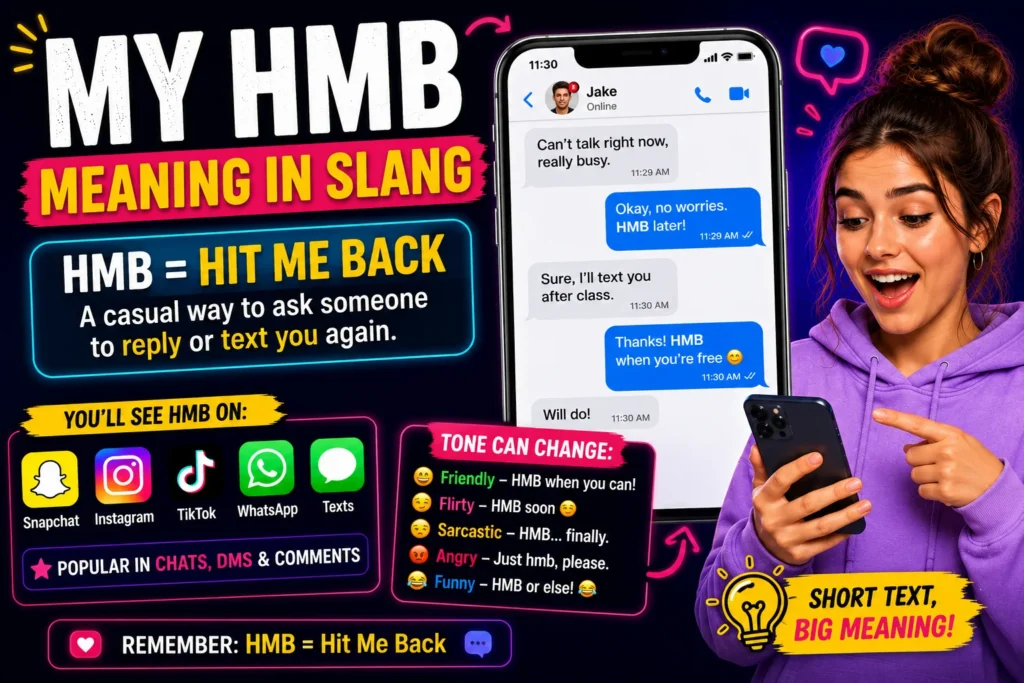 Featured image showing “My HMB Meaning in Slang” with a modern texting-style design, chat bubbles, and expressive characters representing casual online conversation and social media slang.