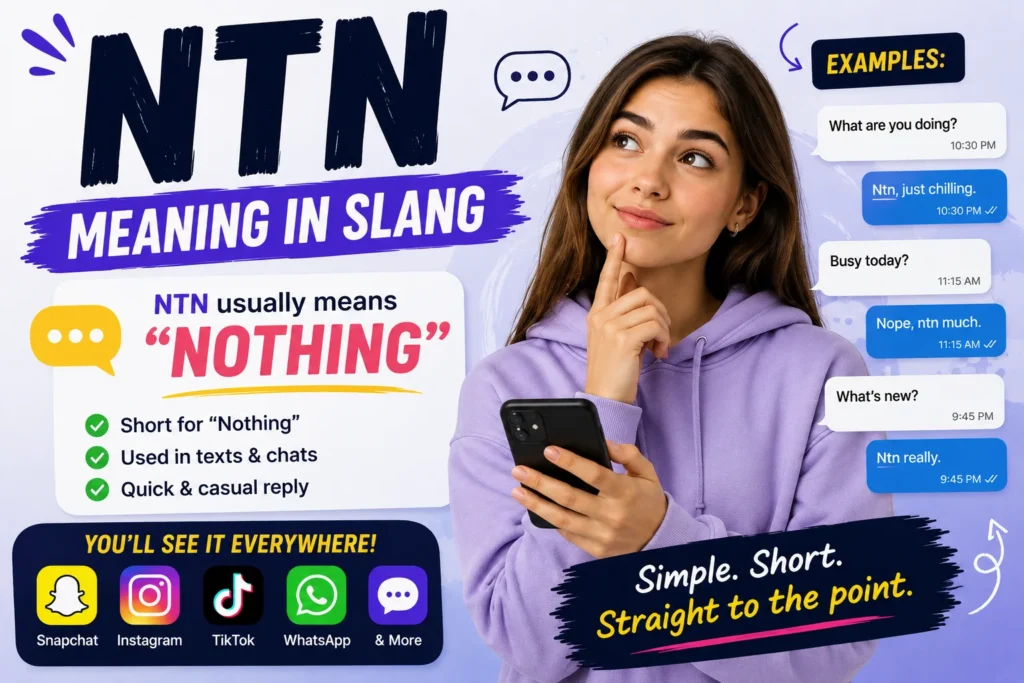Modern featured image explaining “NTN meaning in slang” with bold text, texting examples, social media icons, and a young woman holding a smartphone while thinking about chat messages and internet slang meanings.