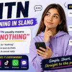 Modern featured image explaining “NTN meaning in slang” with bold text, texting examples, social media icons, and a young woman holding a smartphone while thinking about chat messages and internet slang meanings.