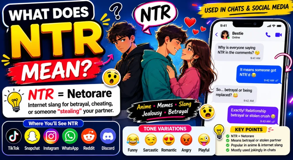 Anime-style infographic explaining the meaning of NTR slang, featuring chat examples, betrayal theme visuals, social media icons, and colorful text about how NTR is used in online conversations and memes.
