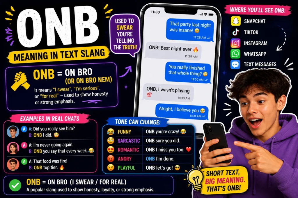 ONB meaning in text slang infographic showing “ONB = On Bro” with chat examples, emojis, social media icons, and a surprised teenager holding a smartphone.