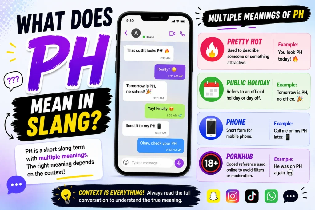 Colorful featured image explaining “What Does PH Mean in Slang?” with multiple meanings of PH including “Pretty Hot,” “Public Holiday,” “Phone,” and “PH” used in texting slang, displayed with chat examples, smartphone graphics, and social media icons.