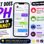 Colorful featured image explaining “What Does PH Mean in Slang?” with multiple meanings of PH including “Pretty Hot,” “Public Holiday,” “Phone,” and “PH” used in texting slang, displayed with chat examples, smartphone graphics, and social media icons.