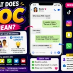 Colorful infographic explaining the meaning of “POC” in slang and online conversations, showing both “Person of Color” and “Proof of Concept” meanings with social media chat examples from TikTok, Instagram, Snapchat, and WhatsApp.