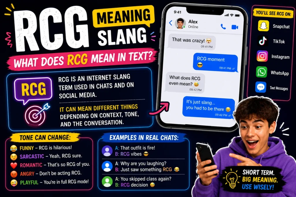 Colorful featured image explaining “RCG” slang meaning with bold text, chat-style design, emojis, and expressive social media-style visuals representing texting and online conversations.