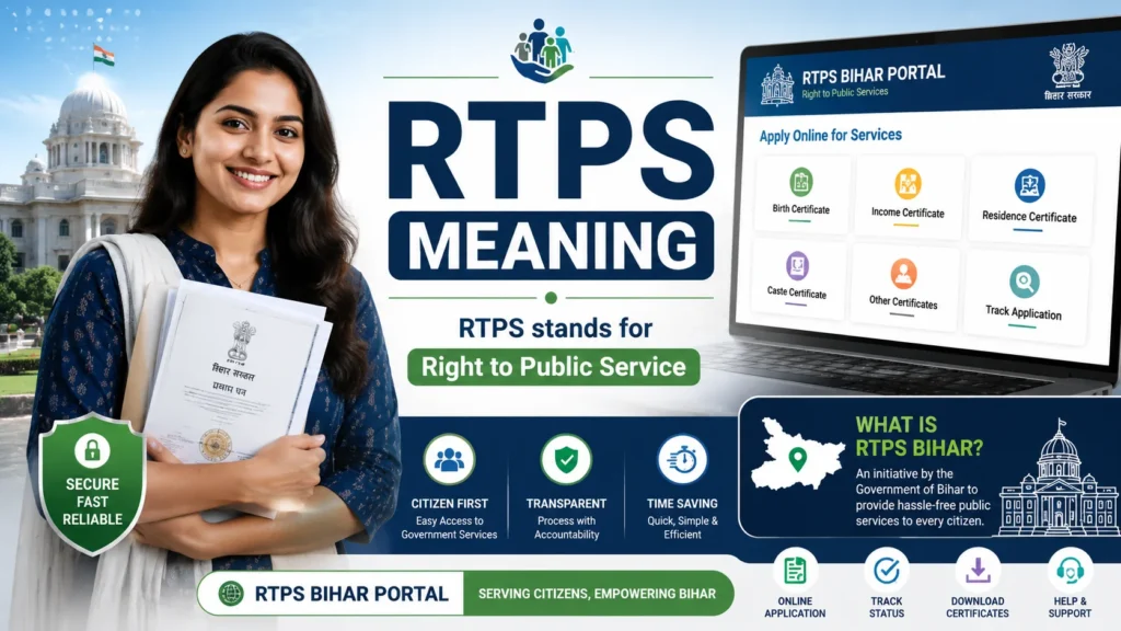 RTPS Meaning featured image showing a young woman holding government documents beside the RTPS Bihar Portal dashboard, illustrating Right to Public Services with icons for birth certificate, income certificate, residence certificate, online applications, document verification, and citizen services.