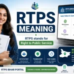 RTPS Meaning featured image showing a young woman holding government documents beside the RTPS Bihar Portal dashboard, illustrating Right to Public Services with icons for birth certificate, income certificate, residence certificate, online applications, document verification, and citizen services.