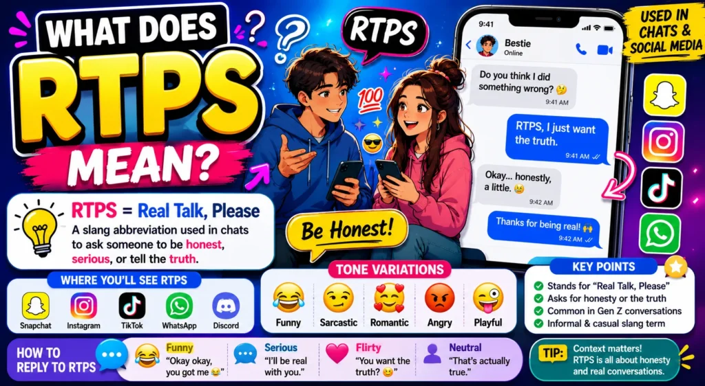 “Colorful featured image explaining RTPS meaning in slang with bold text, texting conversation examples, social media icons, and cartoon-style characters discussing the slang term RTPS in chats and online messaging.”