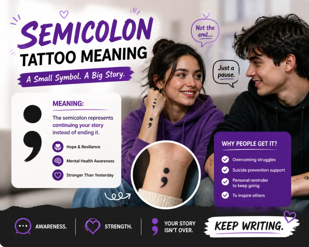 A vibrant and modern infographic showcasing the meaning of a semicolon tattoo, with Gen Z characters displaying the tattoo and speech bubbles highlighting themes of hope, resilience, and mental health awareness. The image also includes the message "Your story isn’t over" and key reasons for getting a semicolon tattoo.