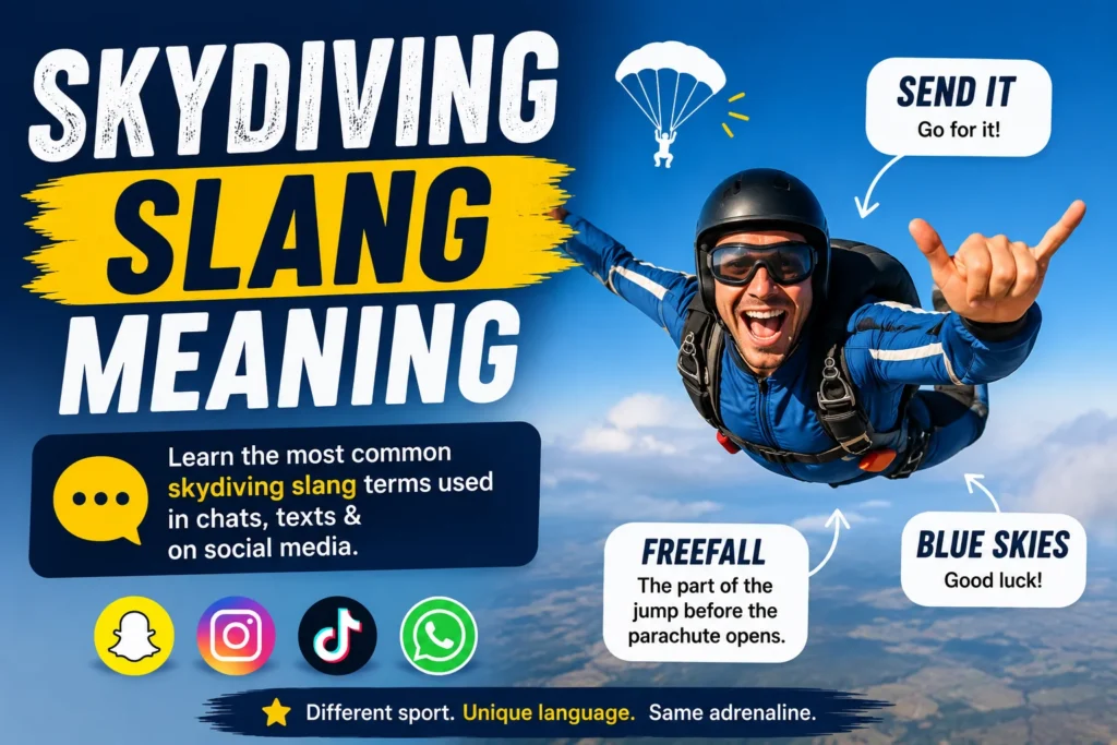 Minimalist featured image for “Skydiving Slang Meaning” with a clean sky background, a single skydiver silhouette in freefall, bold modern typography, and simple text elements explaining the slang meaning without clutter.