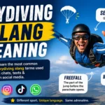 Minimalist featured image for “Skydiving Slang Meaning” with a clean sky background, a single skydiver silhouette in freefall, bold modern typography, and simple text elements explaining the slang meaning without clutter.