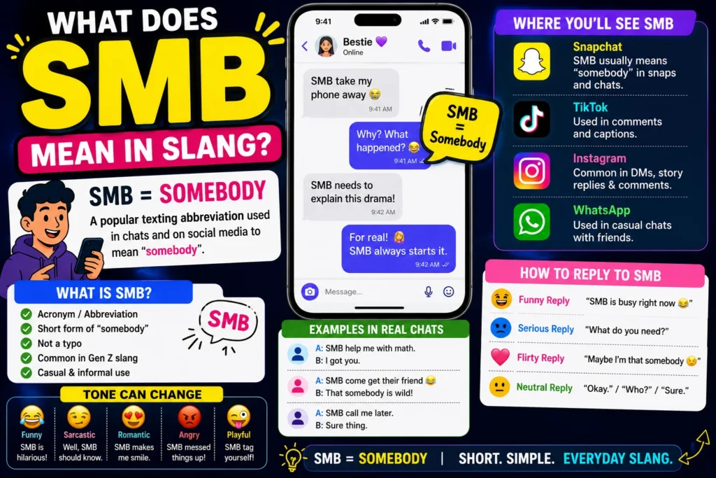 SMB slang meaning infographic showing “SMB” as a texting abbreviation for “somebody,” with chat examples, Snapchat and TikTok references, social media icons, and colorful Gen Z messaging graphics.