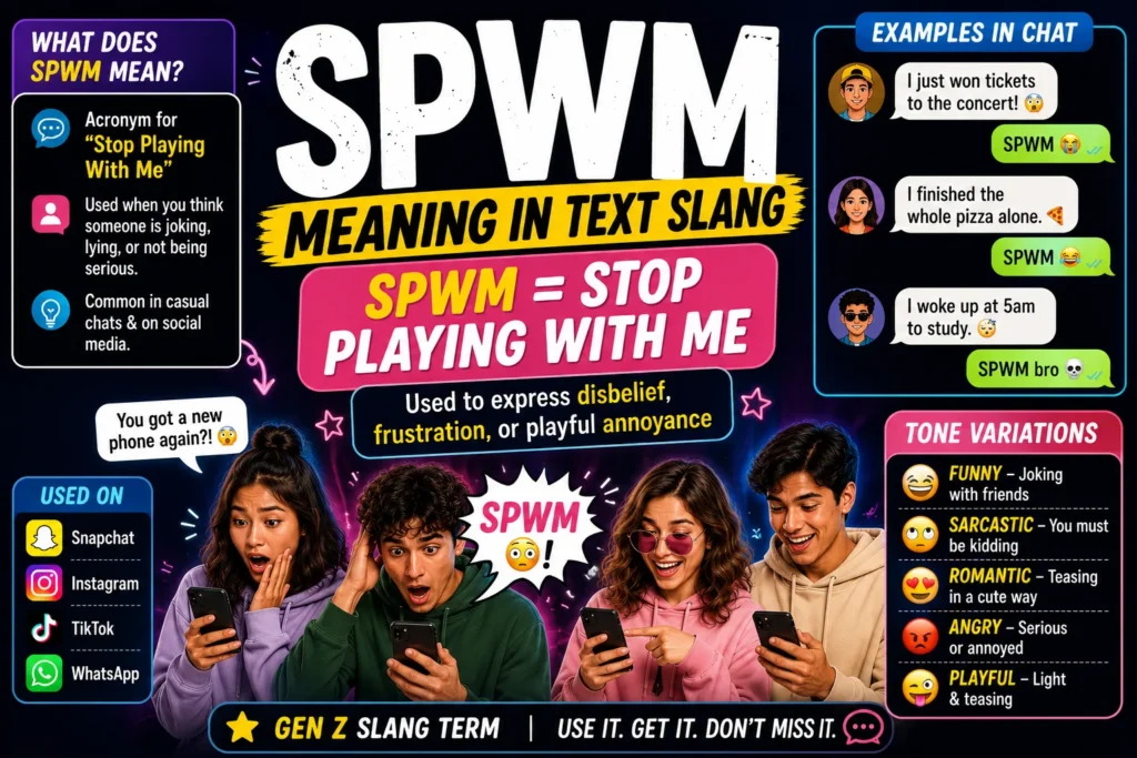 SPWM meaning in text slang infographic showing “SPWM = Stop Playing With Me” with Gen Z characters reacting on phones, chat examples, and tone variations.